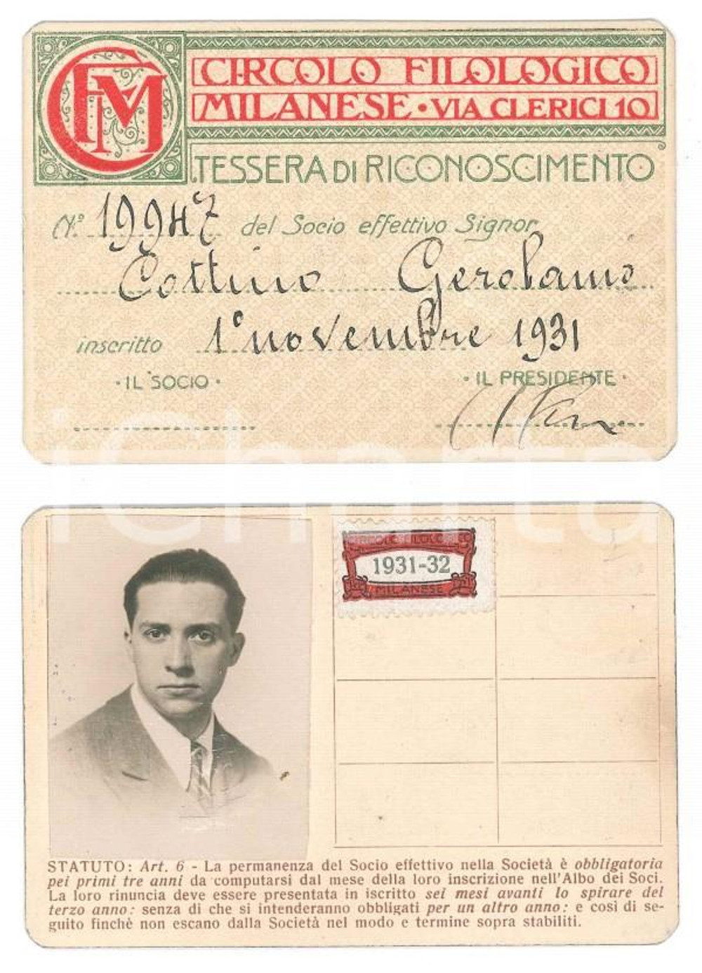 Oggetto da collezione cartaceo 1931 MILANO Circolo filologico milanese  Tessera di Gerolamo COTTINO 10x7 cm 1