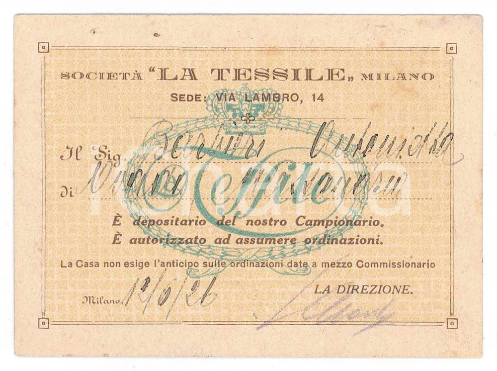 Oggetto da collezione cartaceo 1926 MILANO SocietÃ  La Tessile  Tessera 9x7 1