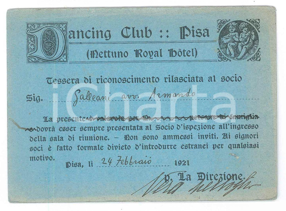 Oggetto da collezione cartaceo 1921 PISA Nettuno Royal Hotel  Dancing Club  Tessera Armando GALLEANI 11x8 cm 1