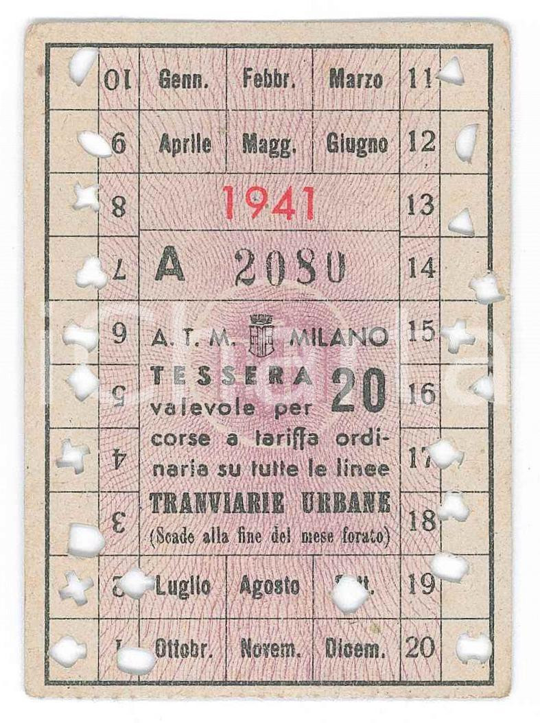 Oggetto da collezione cartaceo 1941 ATM MILANO Tessera per 20 corse  Linee tranviarie urbane 1
