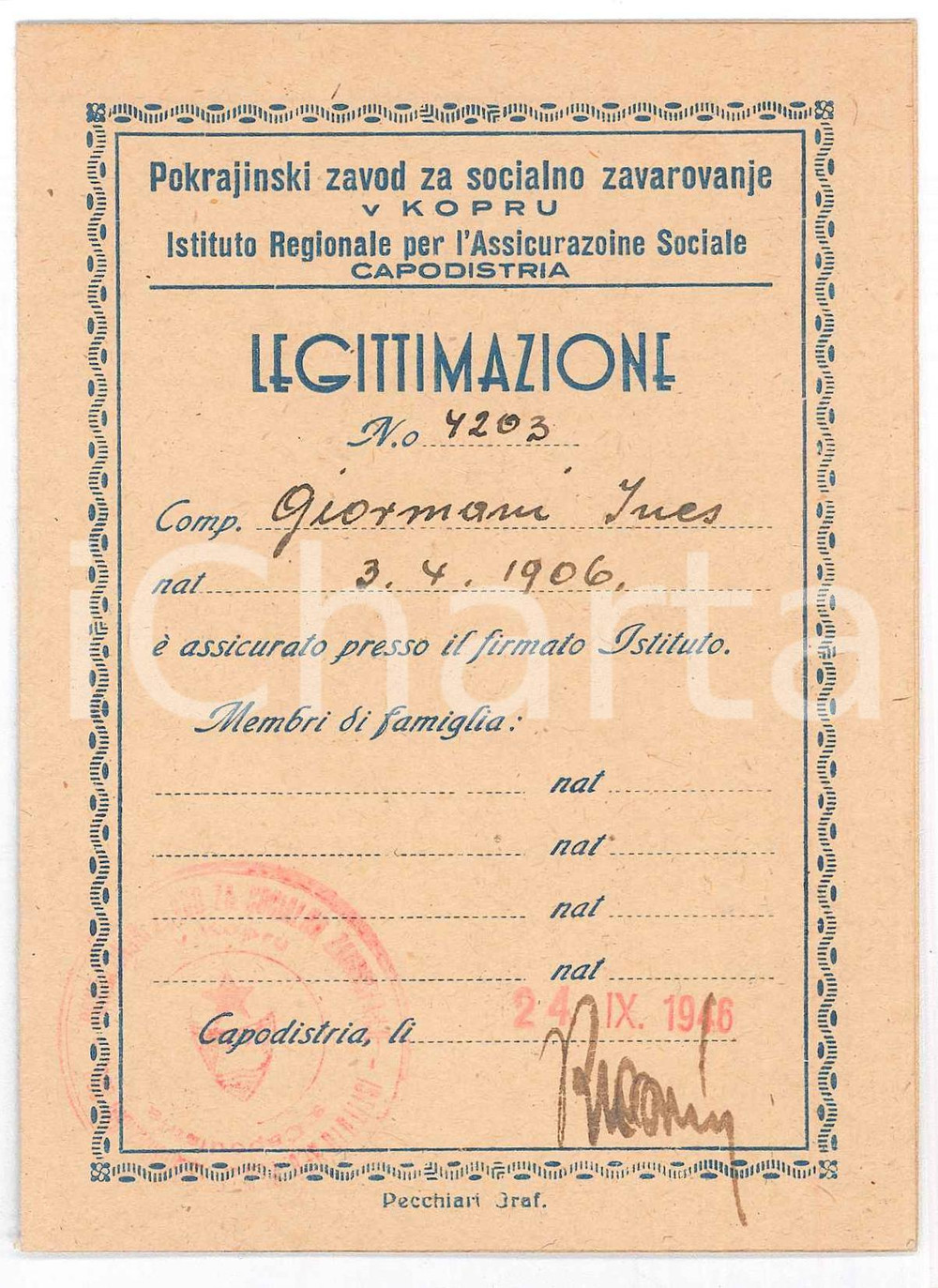 Oggetto da collezione cartaceo 1946 CAPODISTRIA Istituto Assicurazione Sociale  Tessera di legittimazione 1