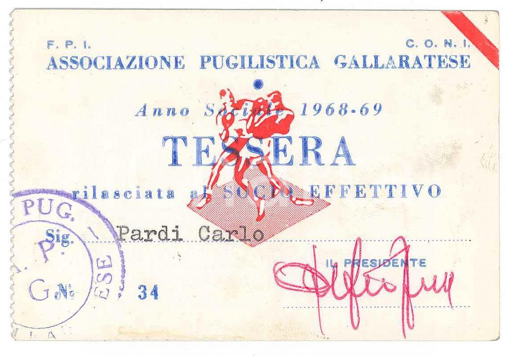 Oggetto da collezione cartaceo 1968 GALLARATE  PUGILATO Associazione pugilistica gallaratese  Tessera 9x6 cm 1