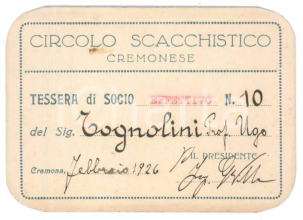 Oggetto da collezione cartaceo 1926 CREMONA Circolo scacchistico cremonese  Tessera 10x7 cm 1