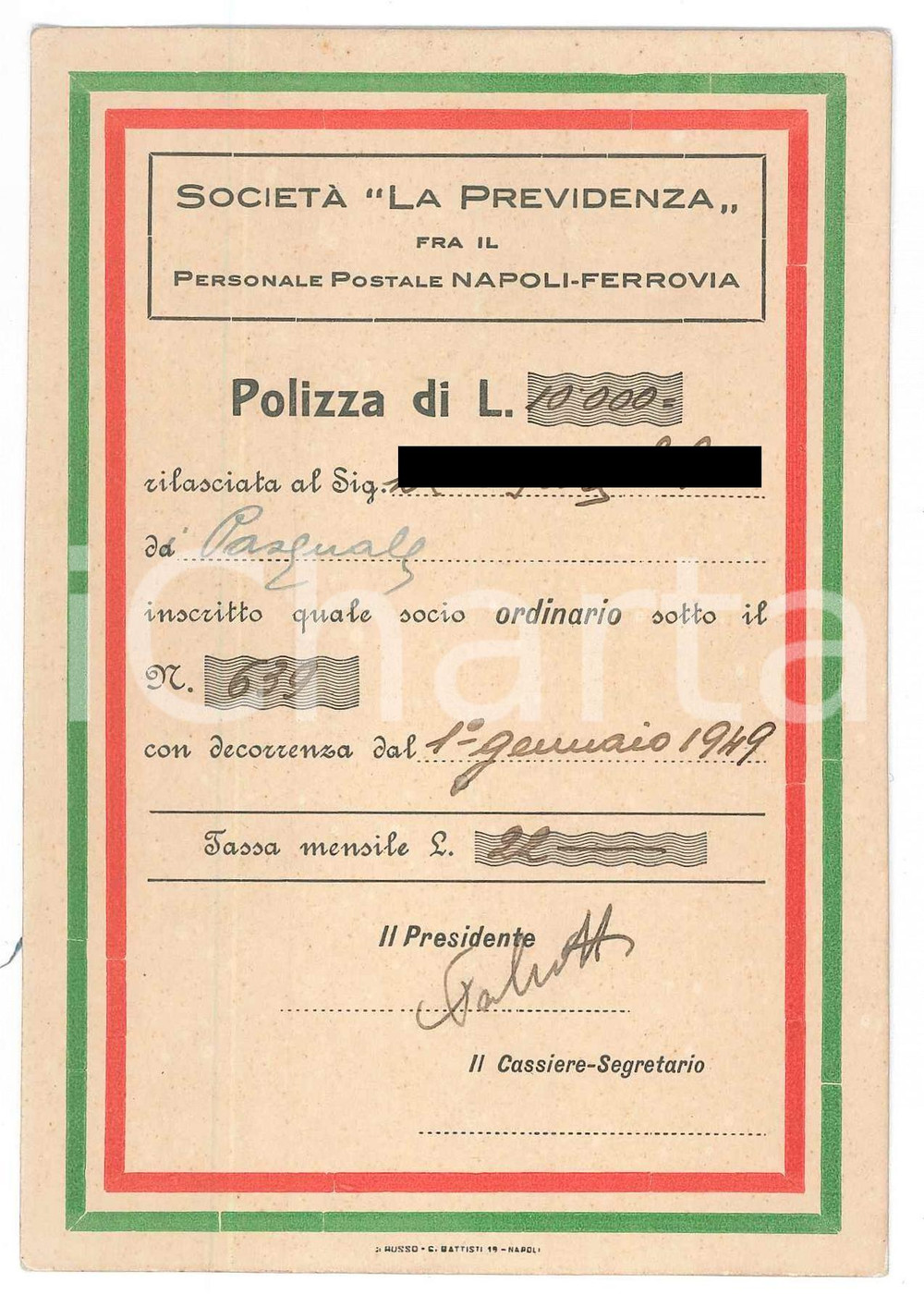 Oggetto da collezione cartaceo 1949 LA PREVIDENZA ASSICURAZIONI Polizza personale postale NAPOLI FERROVIA 10x14 1