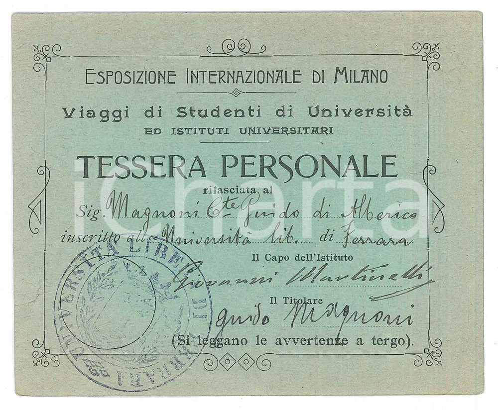 Oggetto da collezione cartaceo 1905 MILANO Esposizione Internazionale  Tessera Conte Guido MAGNONI 11x9 cm 1