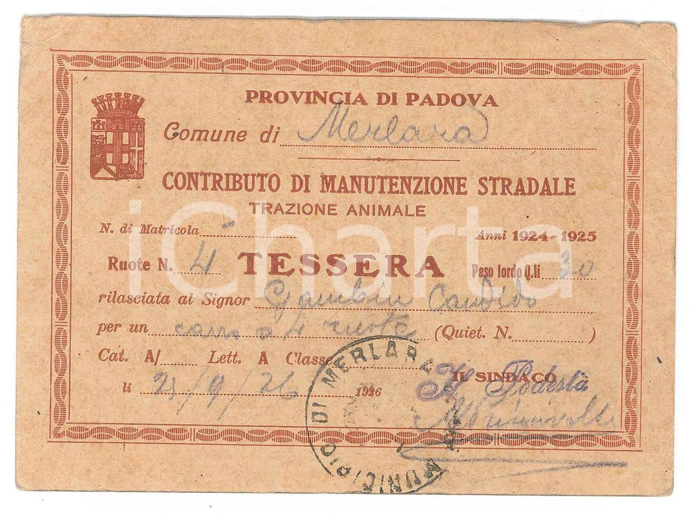 Oggetto da collezione cartaceo 1924 MERLARA Contributo manutenzione stradale  Trazione animale  Tessera 12x8 1
