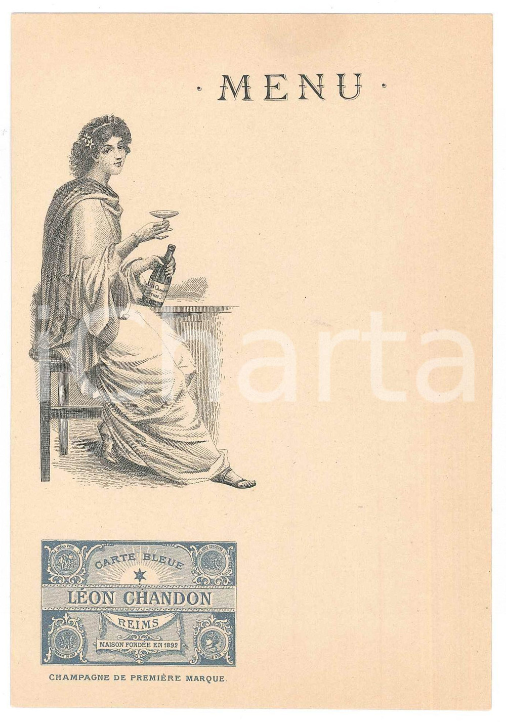 Oggetto da collezione cartaceo 1910 ca REIMS FRANCE Champagne LÃ©on CHANDON  Menu jeune femme 5 1