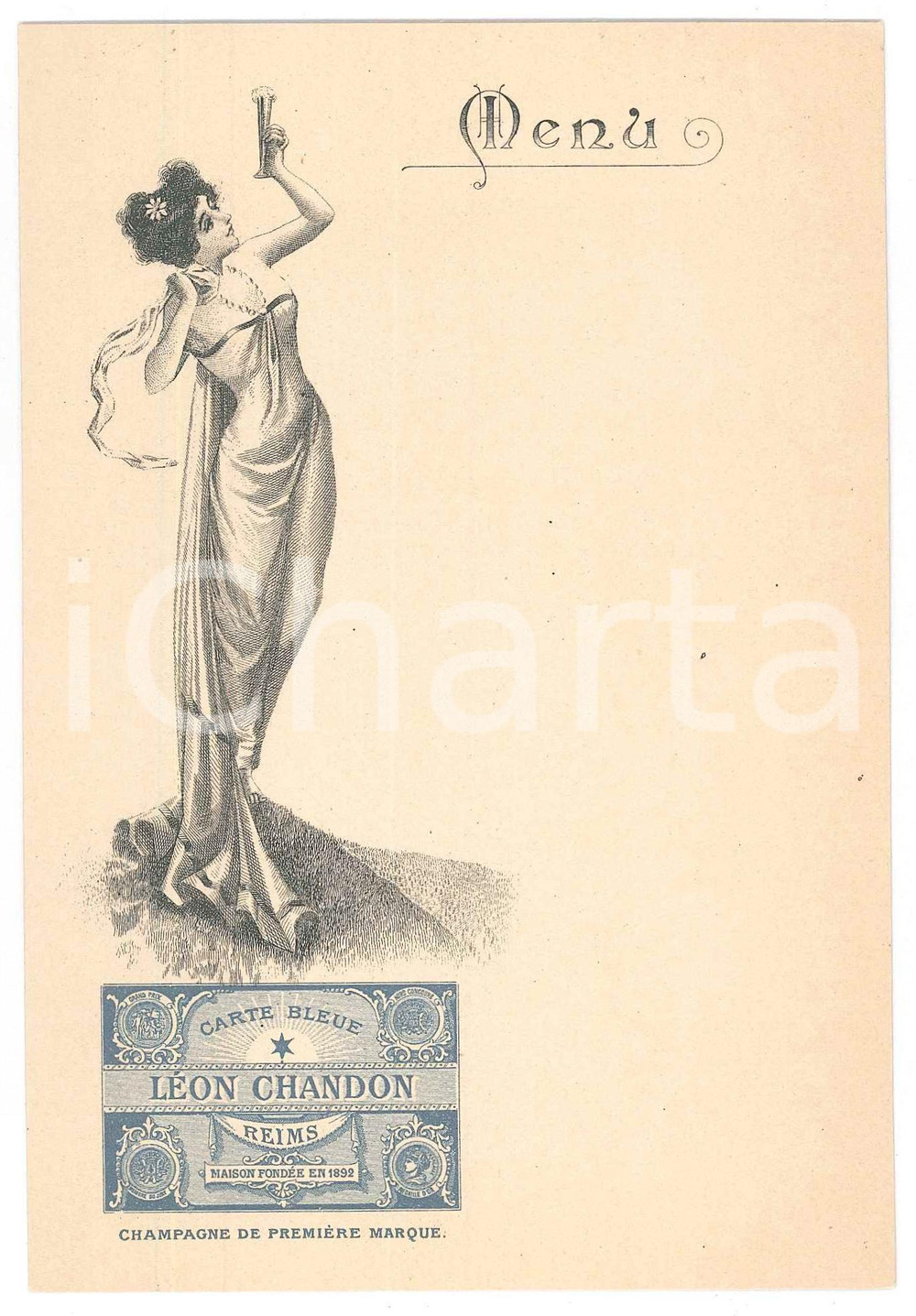 Oggetto da collezione cartaceo 1910 ca REIMS FRANCE Champagne LÃ©on CHANDON  Menu jeune femme 4 1