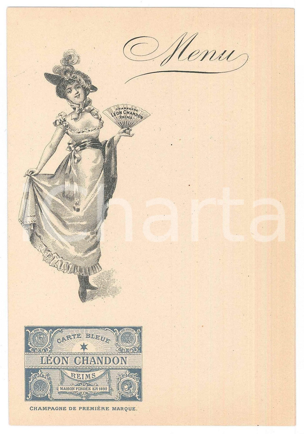 Oggetto da collezione cartaceo 1910 ca REIMS FRANCE Champagne LÃ©on CHANDON  Menu jeune femme 3 1
