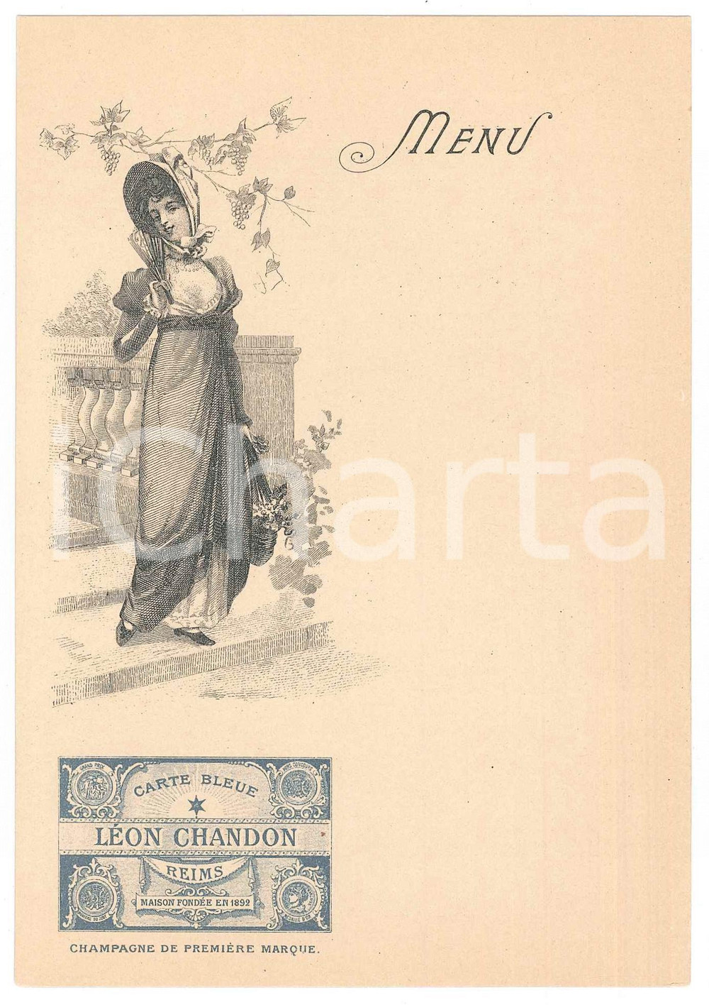 Oggetto da collezione cartaceo 1910 ca REIMS FRANCE Champagne LÃ©on CHANDON  Menu jeune femme 1 1