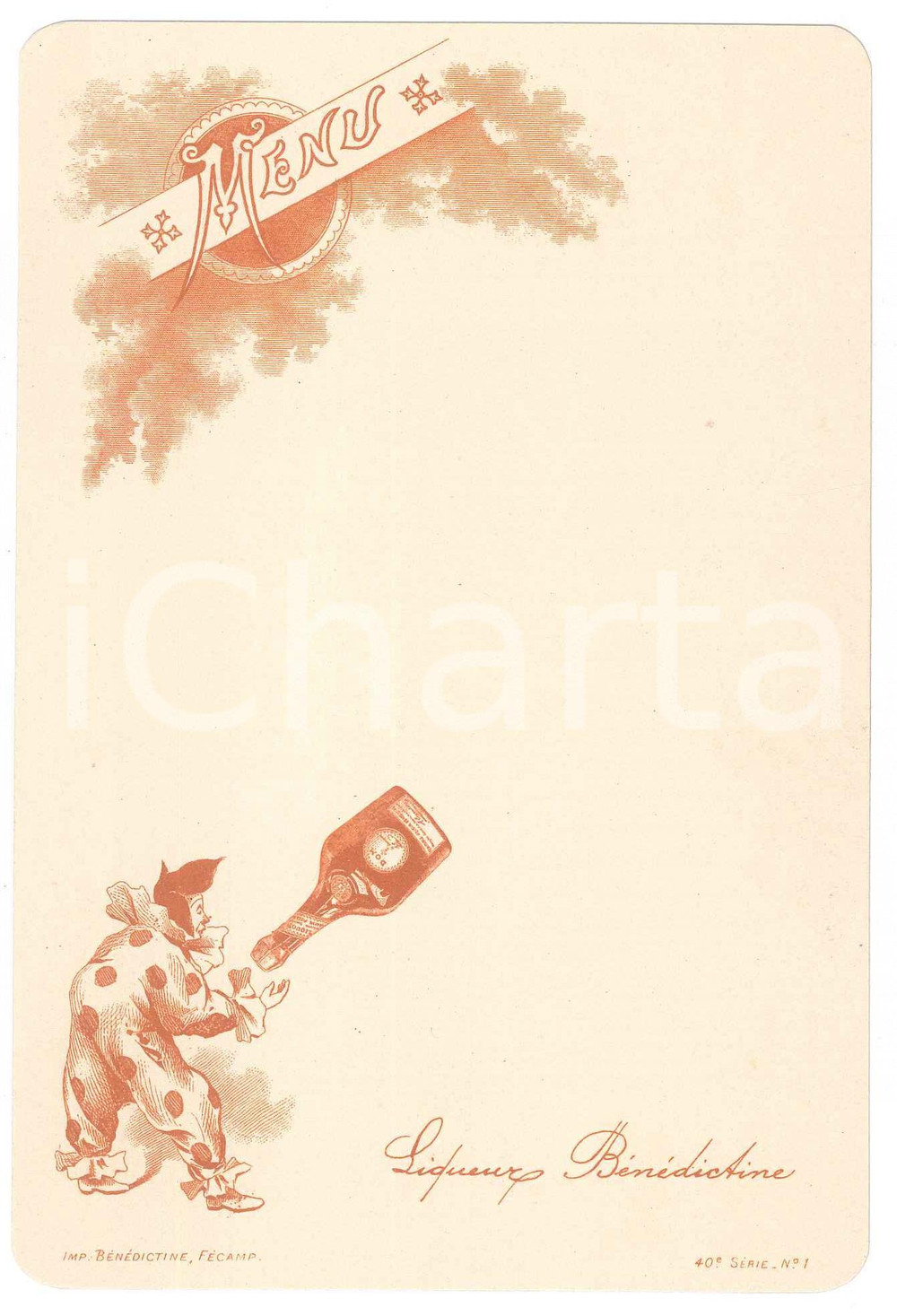 Oggetto da collezione cartaceo 1890 ca FRANCE Le clown boit de la LIQUEUR BENEDICTINE Menu 10x16 cm 4 1