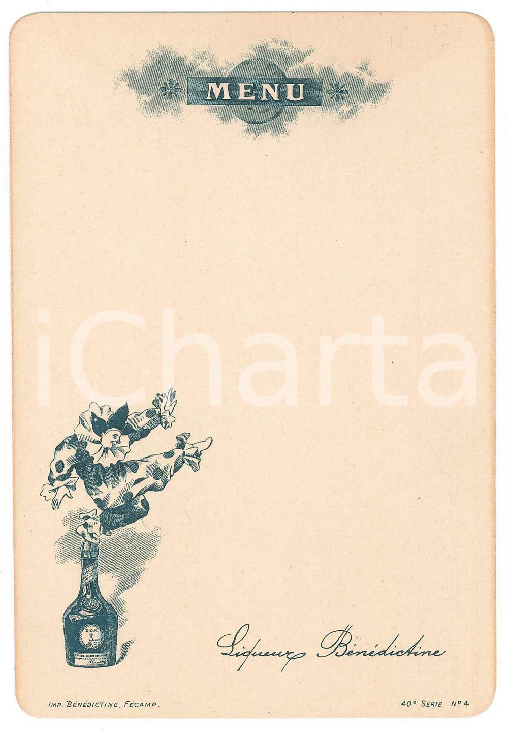 Oggetto da collezione cartaceo 1890 ca FRANCE Le clown boit de la LIQUEUR BÃ‰NÃ‰DICTINE Menu 10x16 cm 3 1
