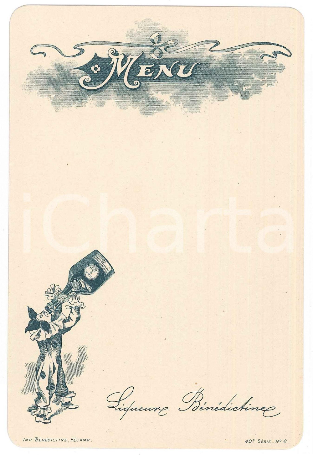 Oggetto da collezione cartaceo 1890 ca FRANCE Le clown boit de la LIQUEUR BÃ‰NÃ‰DICTINE Menu 10x16 cm 1 1