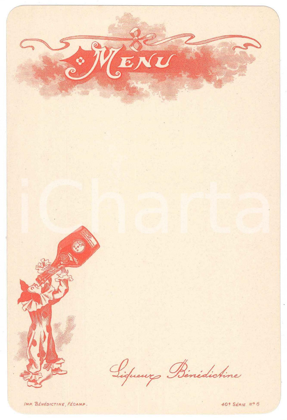 Oggetto da collezione cartaceo 1890 ca FRANCE Le clown boit de la LIQUEUR BÃ‰NÃ‰DICTINE Menu 10x16 cm 1