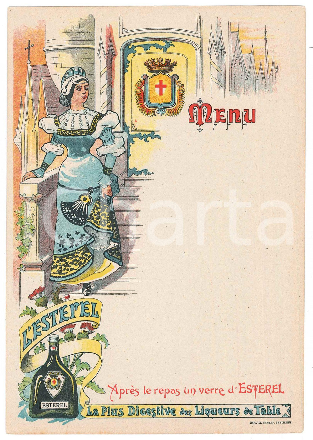 Oggetto da collezione cartaceo 1910 ca FRANCE Liqueur ESTEREL  Menu ILLUSTRE  historique  femme 1