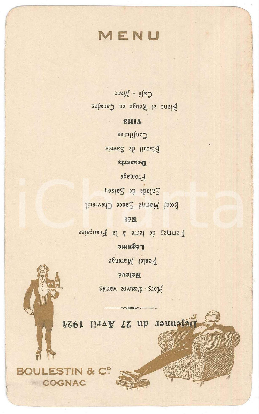 Oggetto da collezione cartaceo 1924 FRANCE Cognac BOULESTIN & C.  Menu illustrÃ© dÃ©jeuner 1