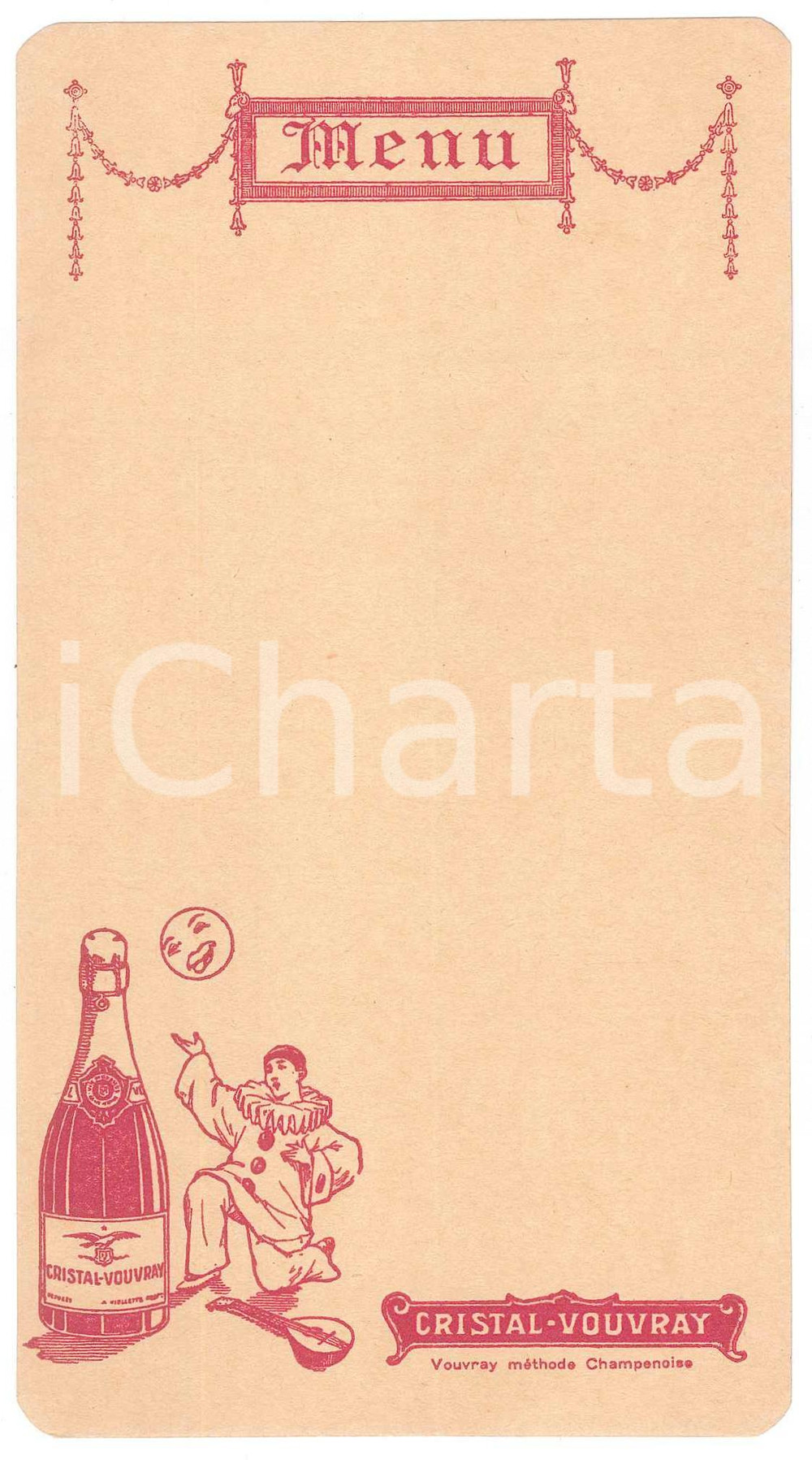 Oggetto da collezione cartaceo 1890 ca FRANCE Pierrot chante Ã  la lune et au champagne CRISTALVOUVRAY Menu 1