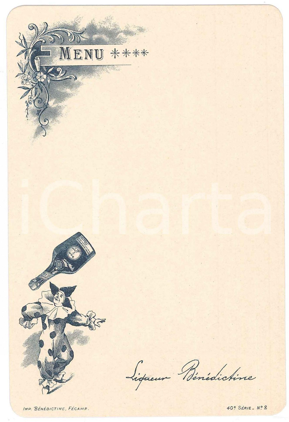 Oggetto da collezione cartaceo 1890 ca FRANCE Le clown boit de la LIQUEUR BÃ‰NÃ‰DICTINE Menu 10x16 cm 9 1