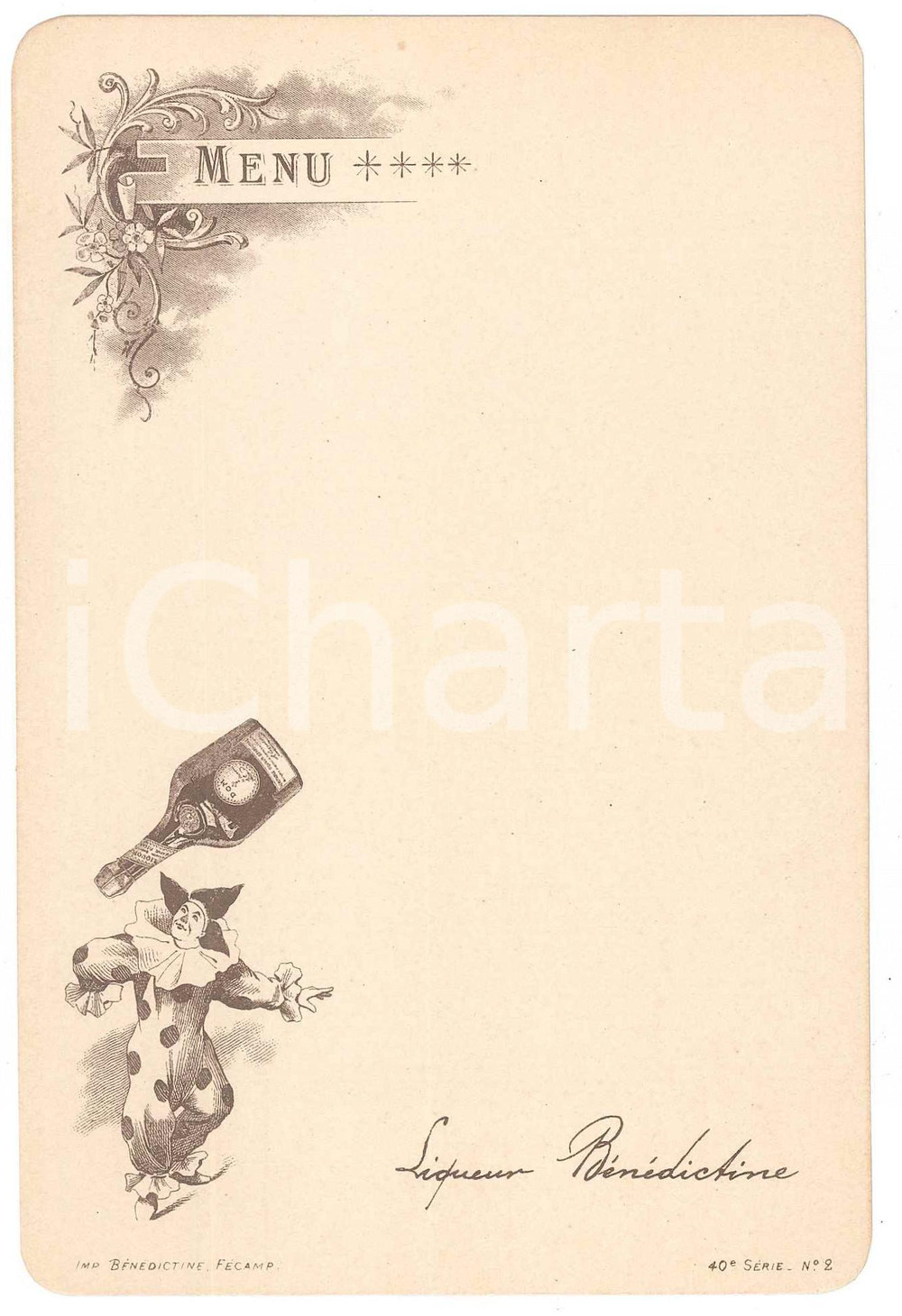 Oggetto da collezione cartaceo 1890 ca FRANCE Le clown boit de la LIQUEUR BÃ‰NÃ‰DICTINE Menu 10x16 cm 8 1