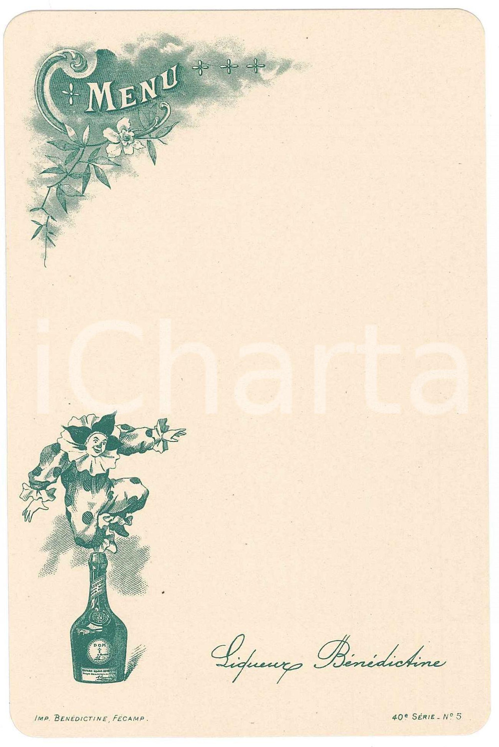 Oggetto da collezione cartaceo 1890 ca FRANCE Le clown boit de la LIQUEUR BÃ‰NÃ‰DICTINE Menu 10x16 cm 6 1
