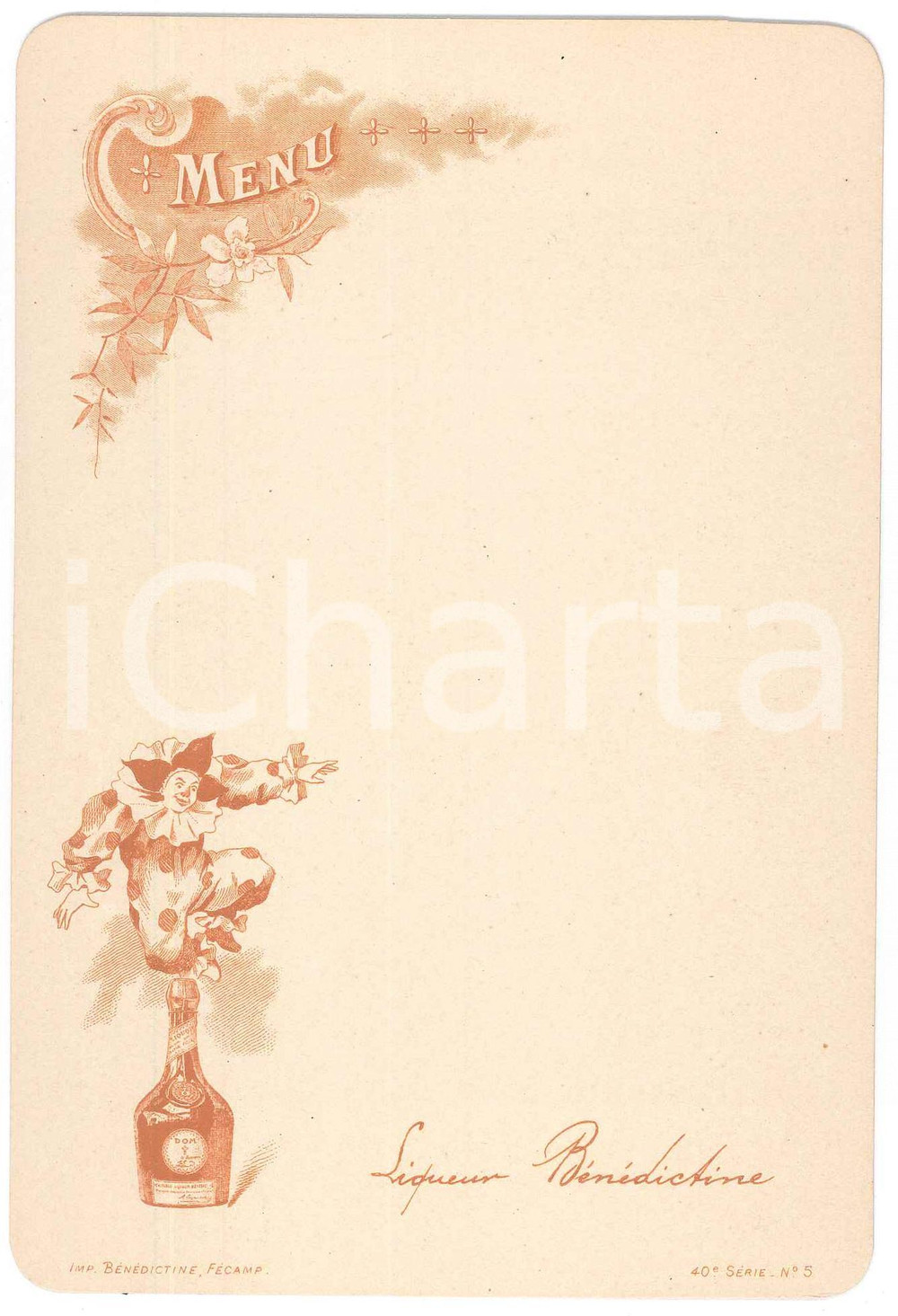 Oggetto da collezione cartaceo 1890 ca FRANCE Le clown boit de la LIQUEUR BÃ‰NÃ‰DICTINE Menu 10x16 cm 5 1