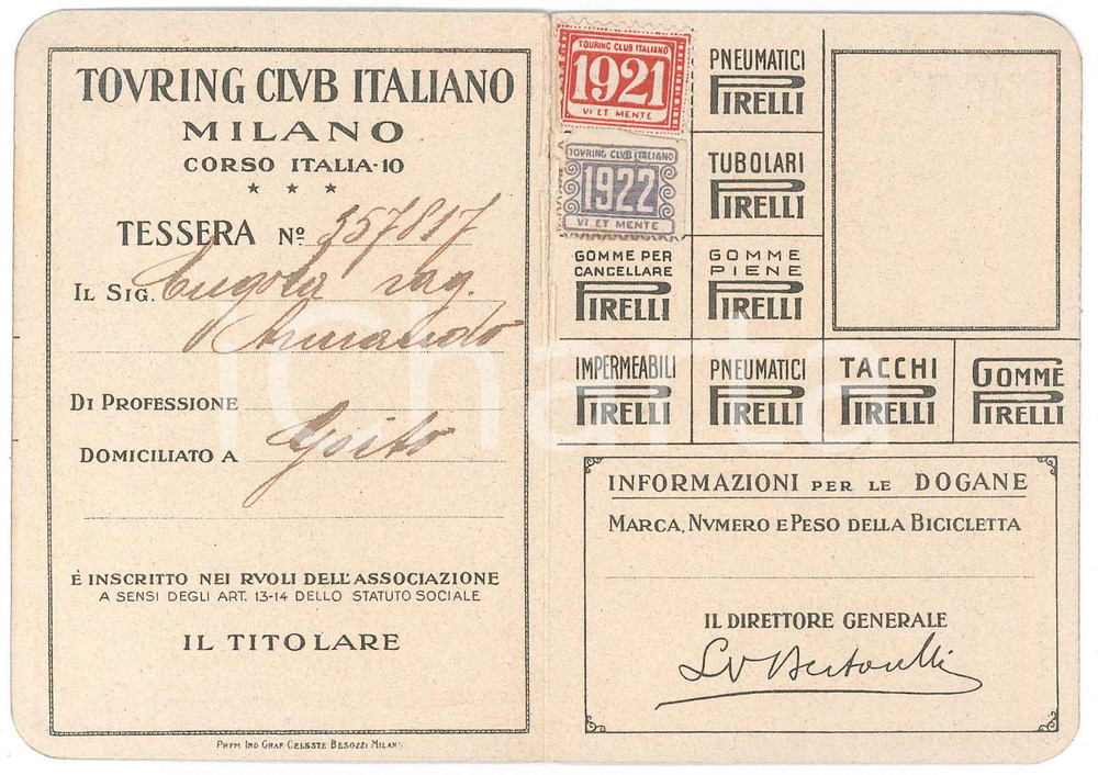 1921 GOITO - TCI Touring Club Italiano - Tessera 7x10 cm