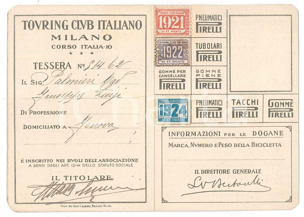 Oggetto da collezione cartaceo 1921 GENOVA  TCI Touring Club Italiano  Tessera Cav. Giuseppe Luigi PALMIERI 1
