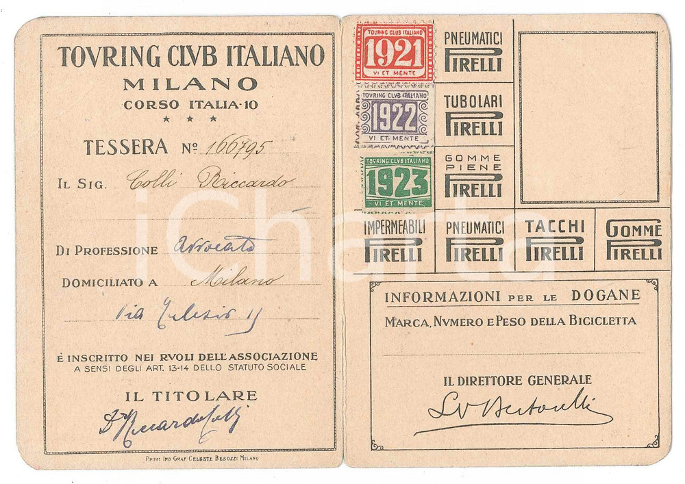 1921 MILANO Touring Club Italiano TCI Tessera dell'Avv. Riccardo COLLI 7x10 cm