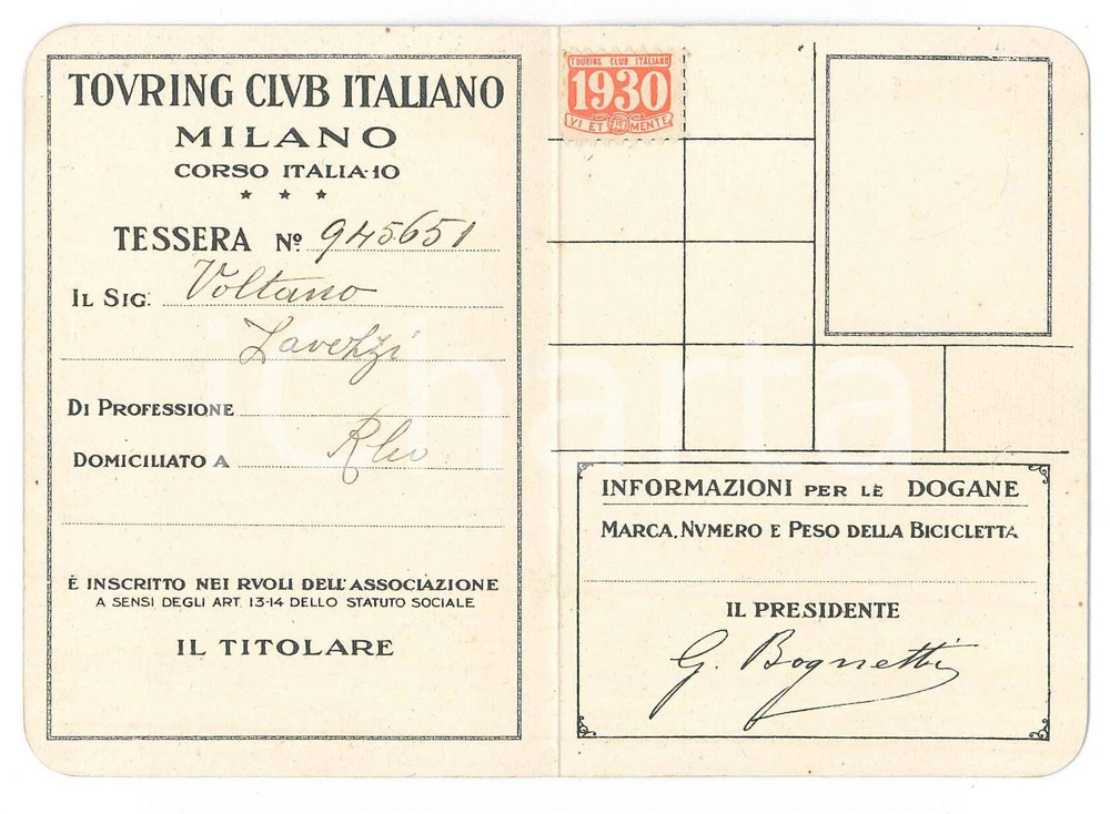 Oggetto da collezione cartaceo 1930 RHO  TCI Touring Club Italiano  Tessera 7x10 cm 1