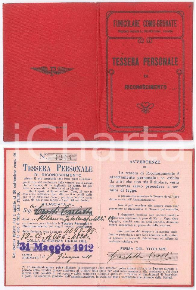 Oggetto da collezione cartaceo 1912 FUNICOLARE COMO  BRUNATE Tessera di riconoscimento 7x11 cm 1