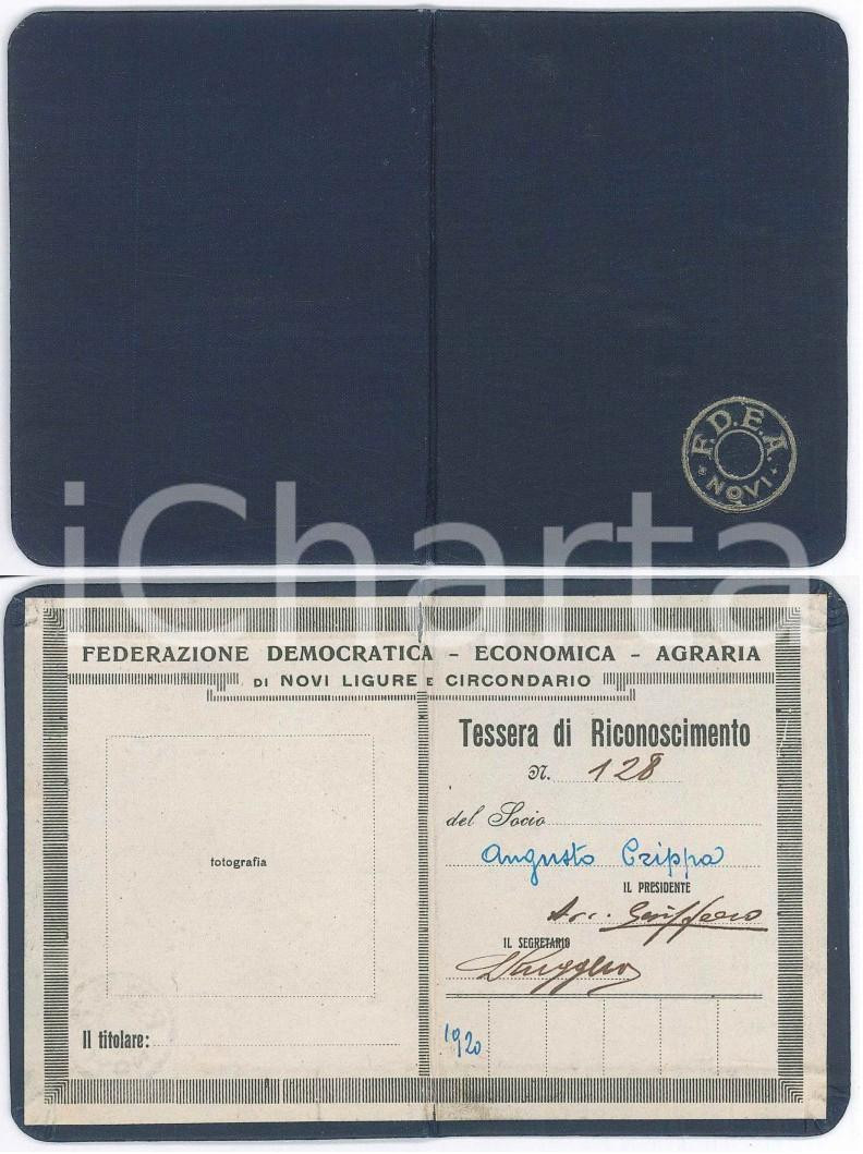 Oggetto da collezione cartaceo 1920 NOVI LIGURE  FDEA Federazione Democratica Economica Agraria  Tessera 1