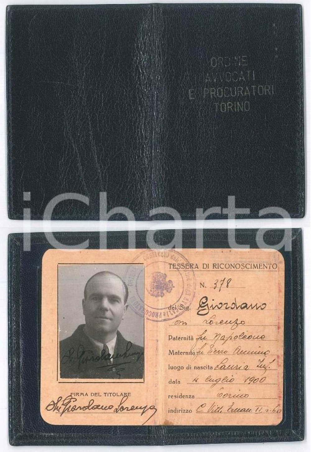 Oggetto da collezione cartaceo 1946 TORINO Ordine avvocati e procuratori  Tessera dell Avv. Lorenzo GIORDANO 1