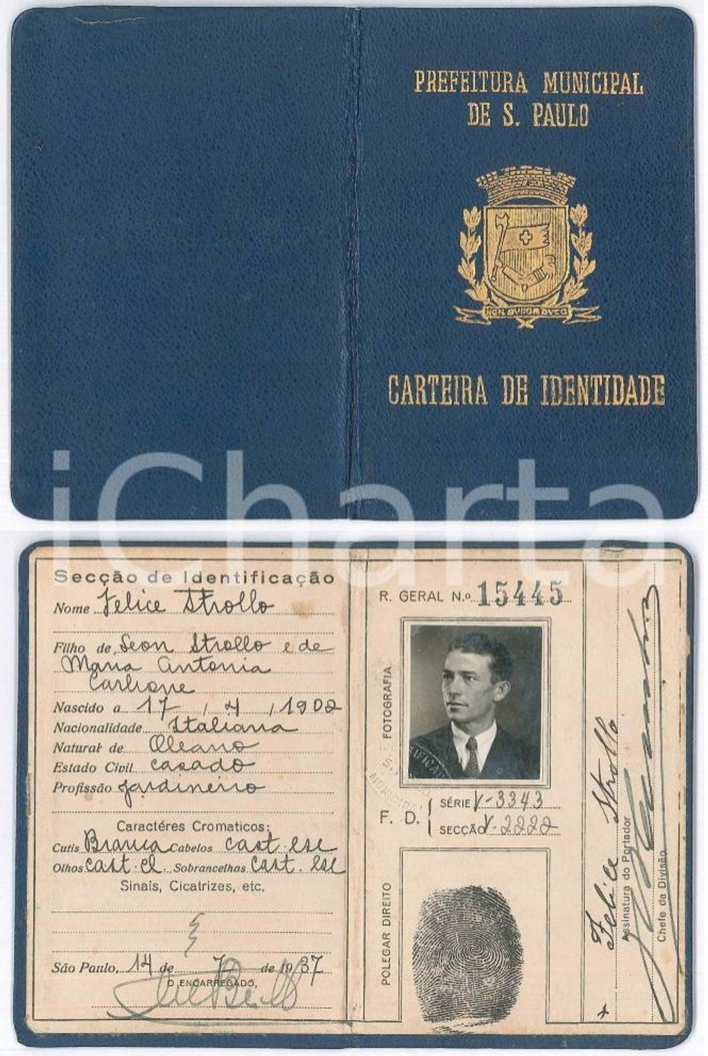 Documento originale, autentico 1937 SAO PAULO  BRASIL Carteira de identidade de Felice STROLLO  7x11 cm 1