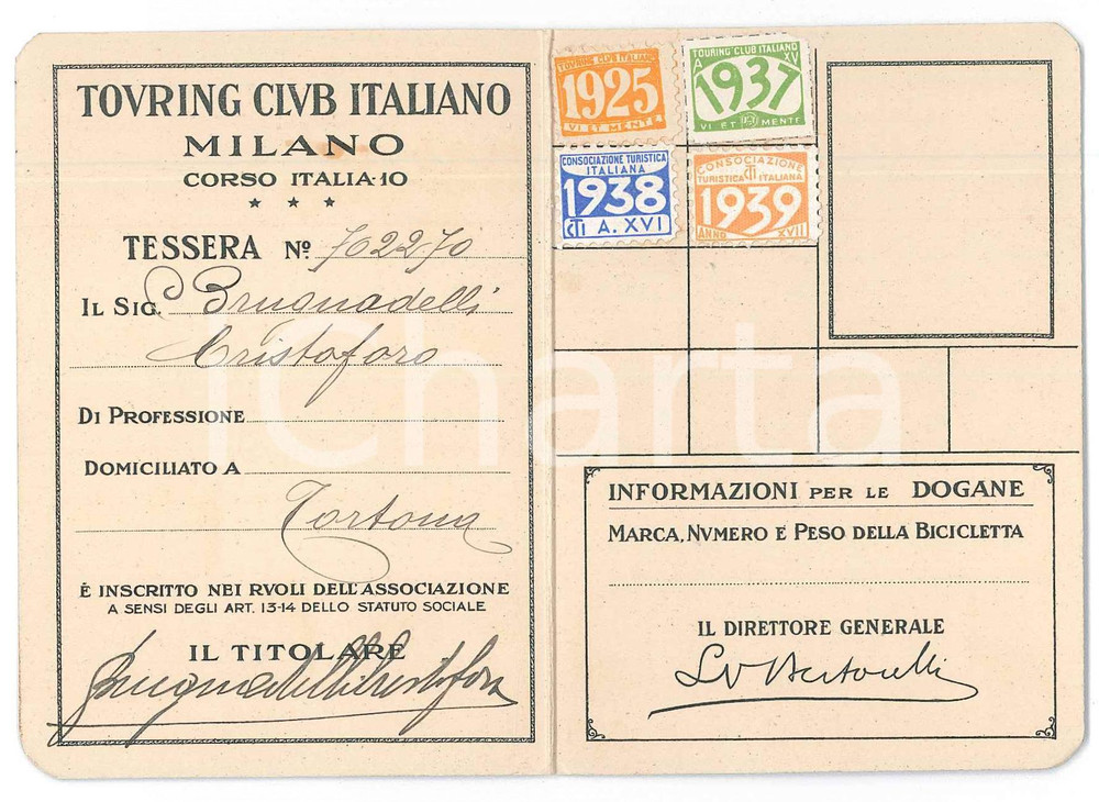 Oggetto da collezione cartaceo 1925 TORTONA  TCI Touring Club Italiano  Tessera di Cristoforo BRUGNADELLI 1