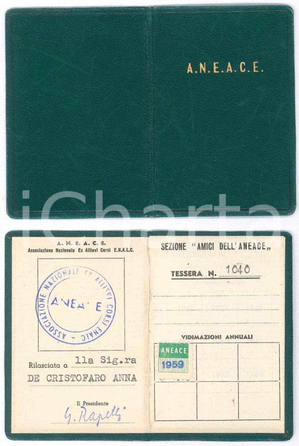 Oggetto da collezione cartaceo 1959 ANEACE Associazione Nazionale Ex Allievi Corsi ENAIC Tessera 6x9 cm 1