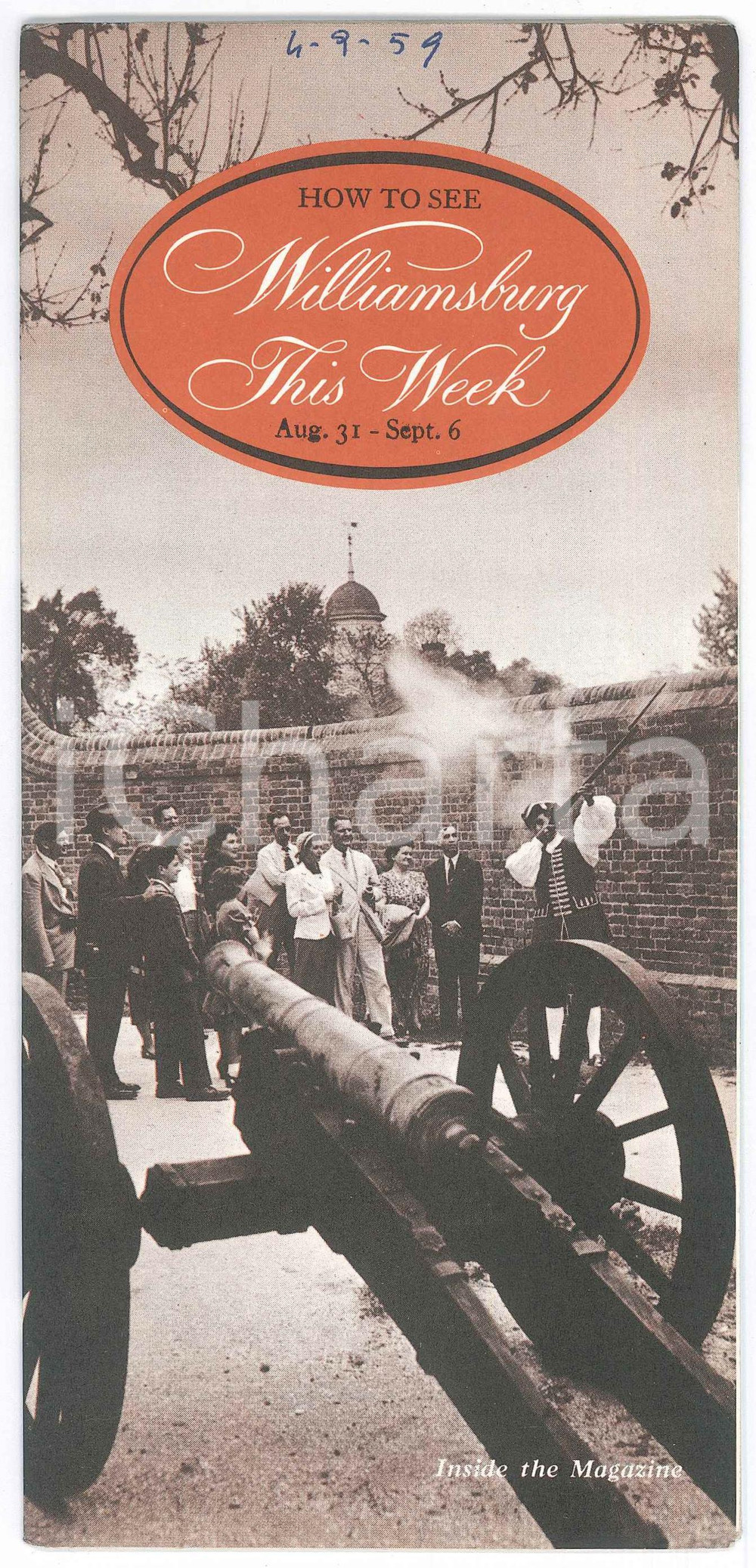 Materiale pubblicitario d’epoca 1959 Colonial WILLIAMSBURG VIRGINIA, USA ILLUSTRATED vintage brochure 1
