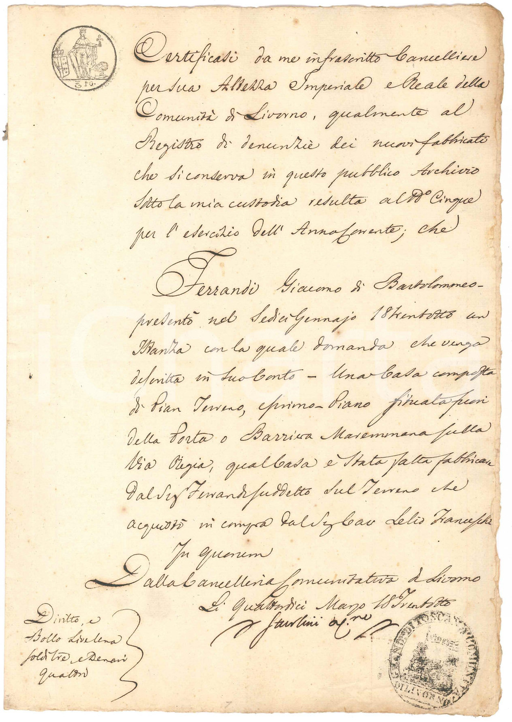 Documento originale, autentico 1838 LIVORNO Istanza di proprietÃ  per Giacomo FERRANDI  Casa sulla via Regia 1