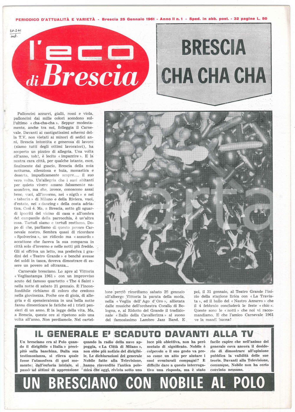 Giornale, rivista storica 1960 L ECO DI BRESCIA  Carnevale al VITTORIA  GAVARDO cittÃ  mancata nÂ° 1 1