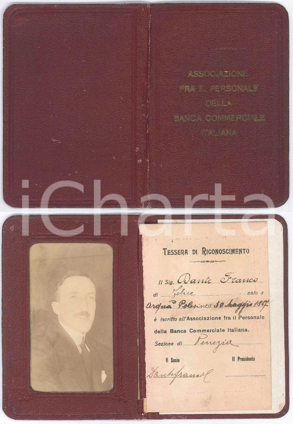 1920 ca PERUGIA - BANCA D'ITALIA Ass. per il personale - Tessera di Dante FRANCO