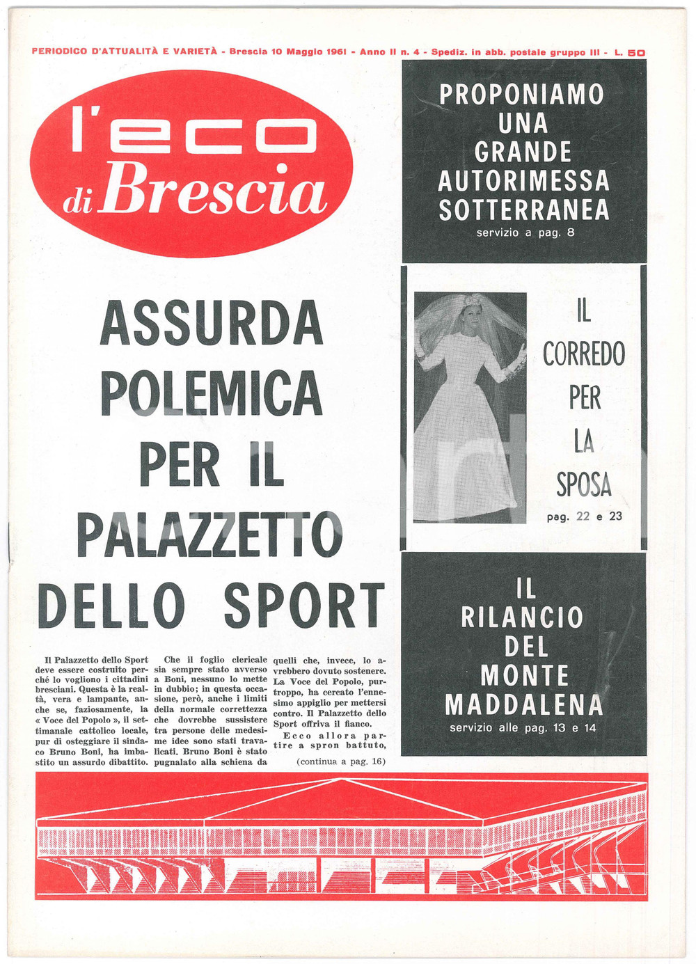 Giornale, rivista storica 1961 L ECO DI BRESCIA  Polemica Palazzetto dello Sport  Mons. ALMICI nÂ° 4 1