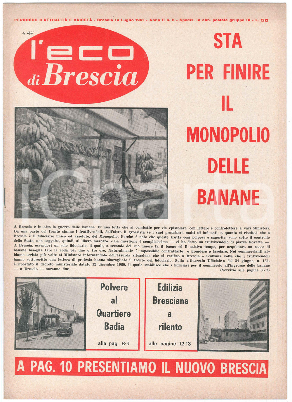 Giornale, rivista storica 1961 L ECO DI BRESCIA  Il monopolio delle banane  Polvere al Quartiere BADIA 1