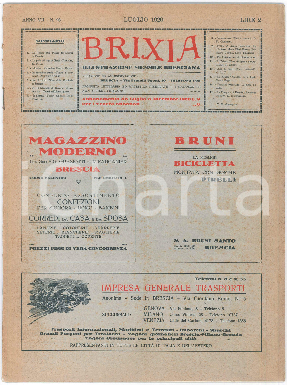 Giornale, rivista storica 1920 BRESCIA  Rivista BRIXIA  Maria GHISI ROVETTA PELLEGRINI  Scuola MORETTO 1