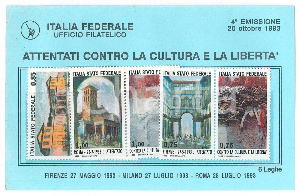 Oggetto da collezione cartaceo 1993 FILATELIA  PADANIA LEGA NORD  Francobolli serie Italia Stato Federale 1