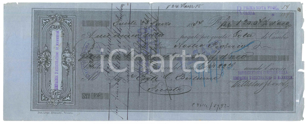 Oggetto da collezione cartaceo 1887 TRIESTE  Compagnia d Assicurazioni di MANNHEIM  Cambiale pubblicitaria 1