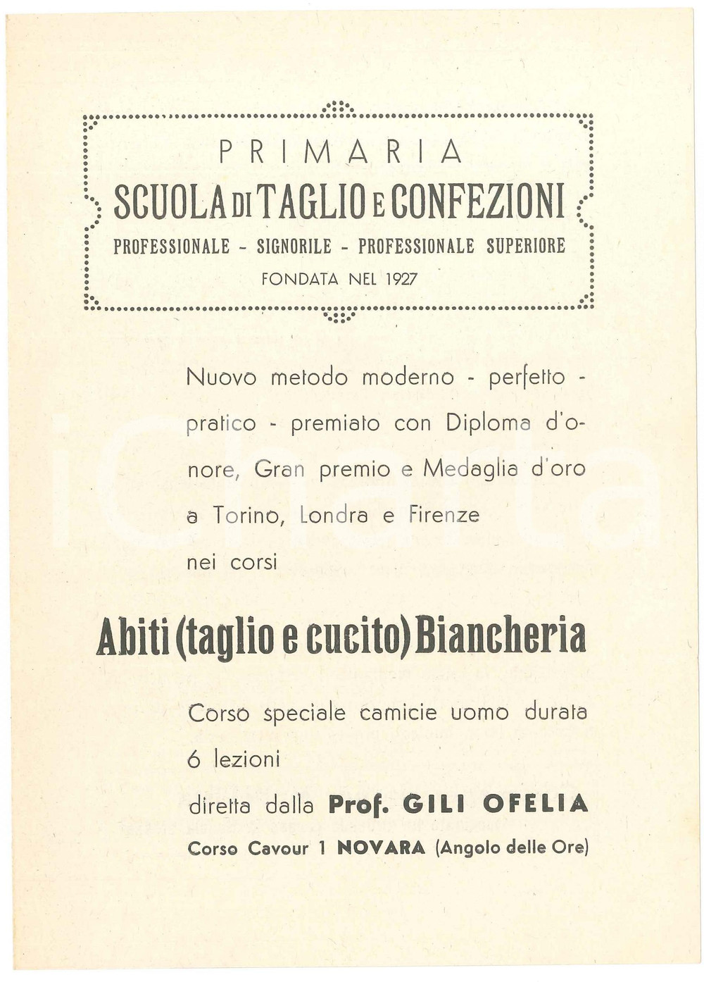 Materiale pubblicitario d’epoca 1950 ca NOVARA Scuola di Taglio e Confezioni  Ofelia GILI Pieghevole 1