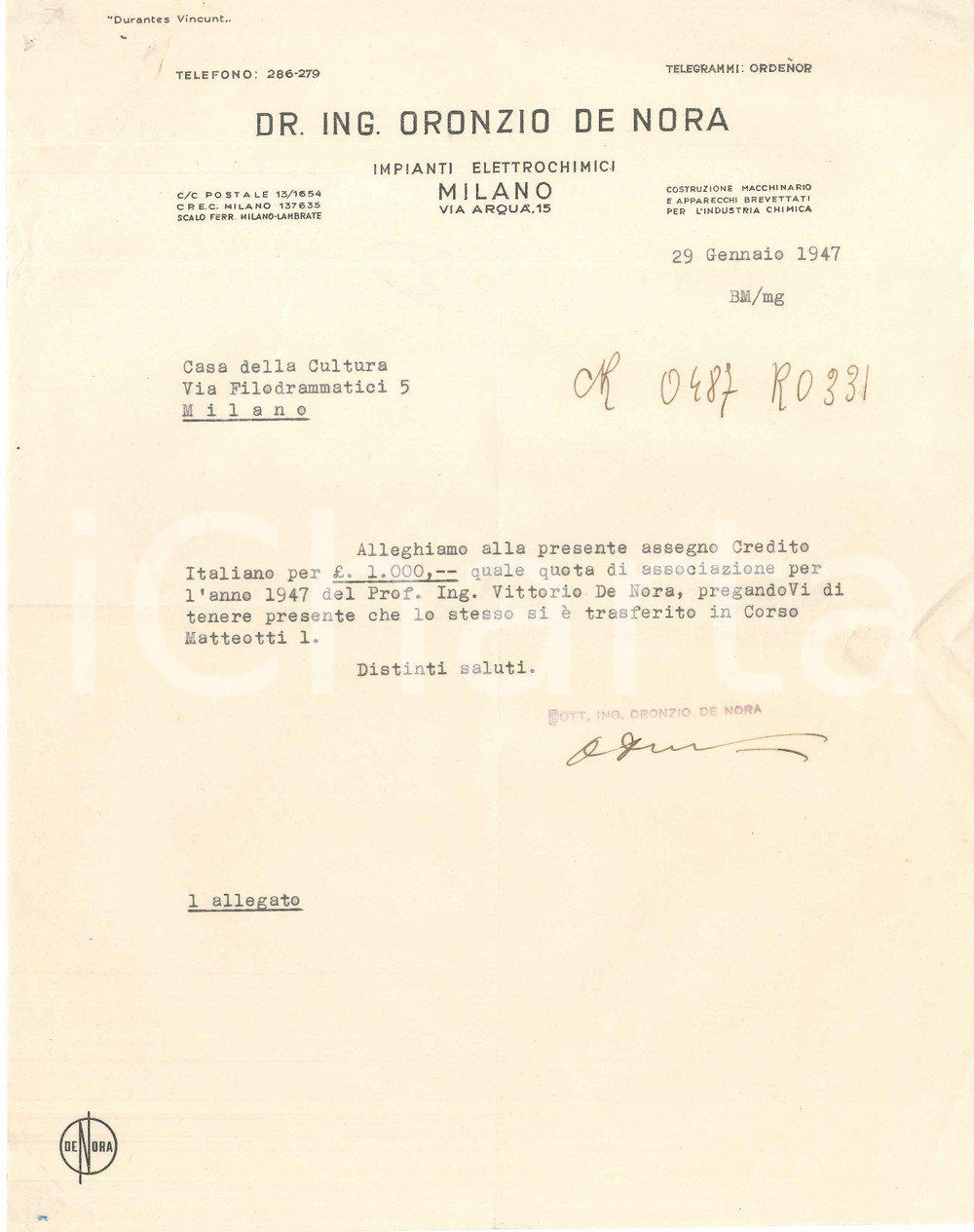 Autografo originale 1947 MILANO Ing. Oronzio DE NORA  Impianti elettrochimici AUTOGRAFO 1