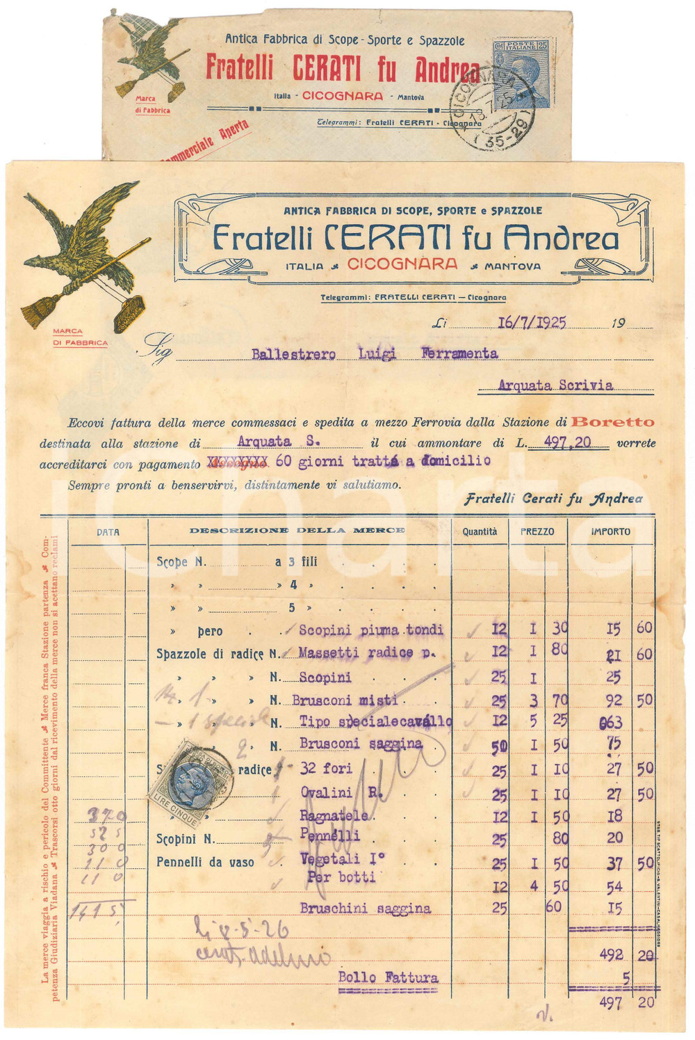 Documento originale, autentico 1925 CICOGNARA MN Fratelli CERATI fu Andrea  Scope e spazzole  Fattura 1