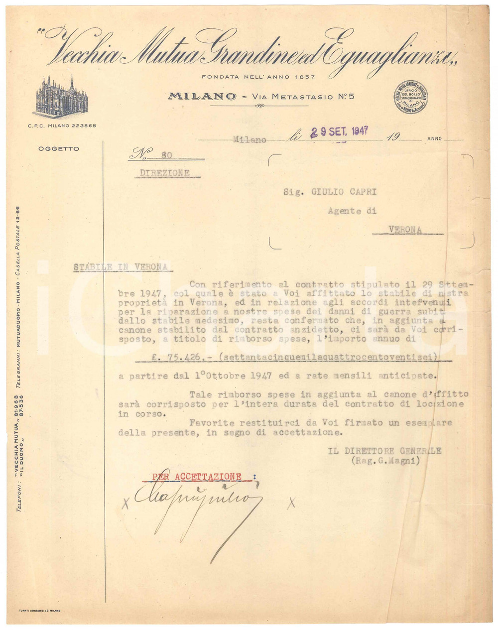 Documento originale, autentico 1947 MILANO via Metastasio 5  Vecchia Mutua Grandine ed Eguaglianza  Lettera 1