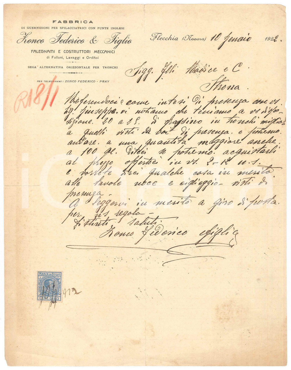 Manoscritto, lettera originale 1922 FLECCHIA BI Ditta Federico ZONCO Falegnami e costruttori  Lettera 1