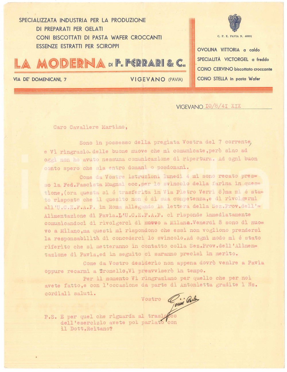 Documento originale, autentico 1941 VIGEVANO Ditta LA MODERNA di F. FERRARI  Preparati per gelati Lettera 1